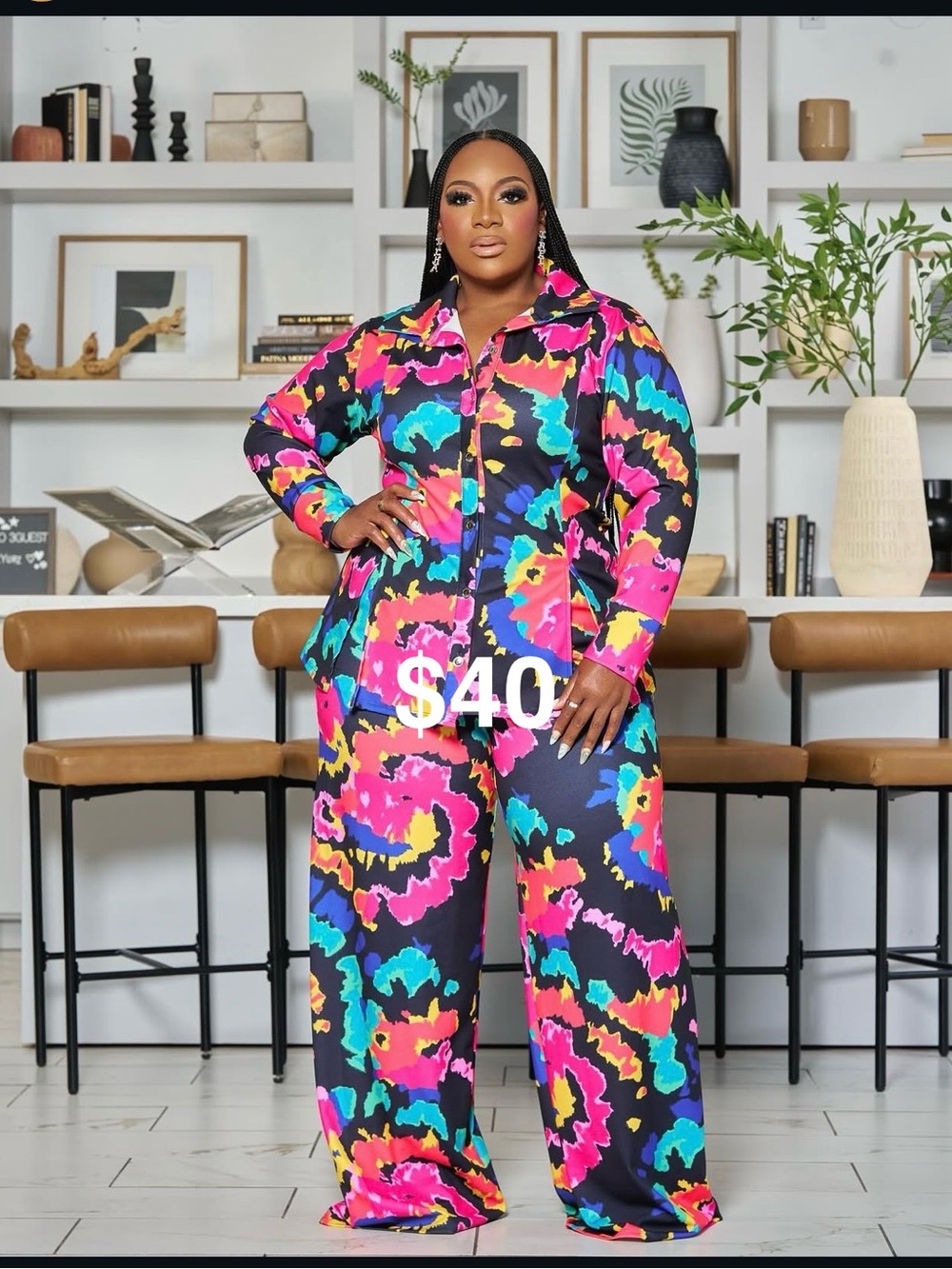 Plus-Size Multicolor Printed Pantsuit